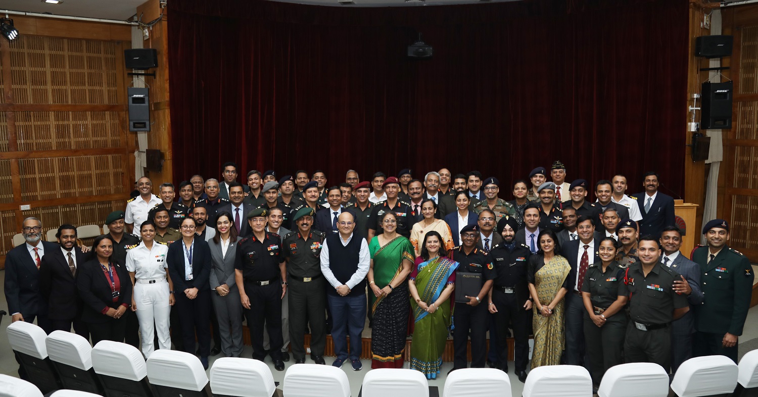 Participants of the Business Management Programme for Defence Officers at the Graduation Ceremony, on 12 January 2023. IIMB Director Professor Rishikesha T Krishnan and Programme Directors Prof. Padmini Srinivasan and Prof. Vasanthi Srinivasan are also seen.