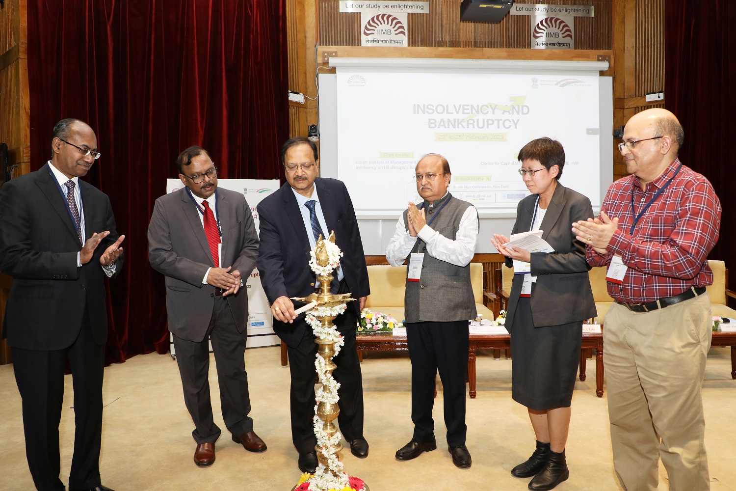 Hon’ble Chief Justice (former) Ramalingam Sudhakar, President, National Company Law Tribunal, inaugurates the three-day second International Research Conference on Insolvency and Bankruptcy organized by IIMB’s Centre for Capital Markets and Risk Management, in partnership with the Insolvency and Bankruptcy Board of India, on 23rd February 2023. Also present is Prof. Rishikesha T Krishnan, Director, IIM Bangalore, along with other dignitaries.