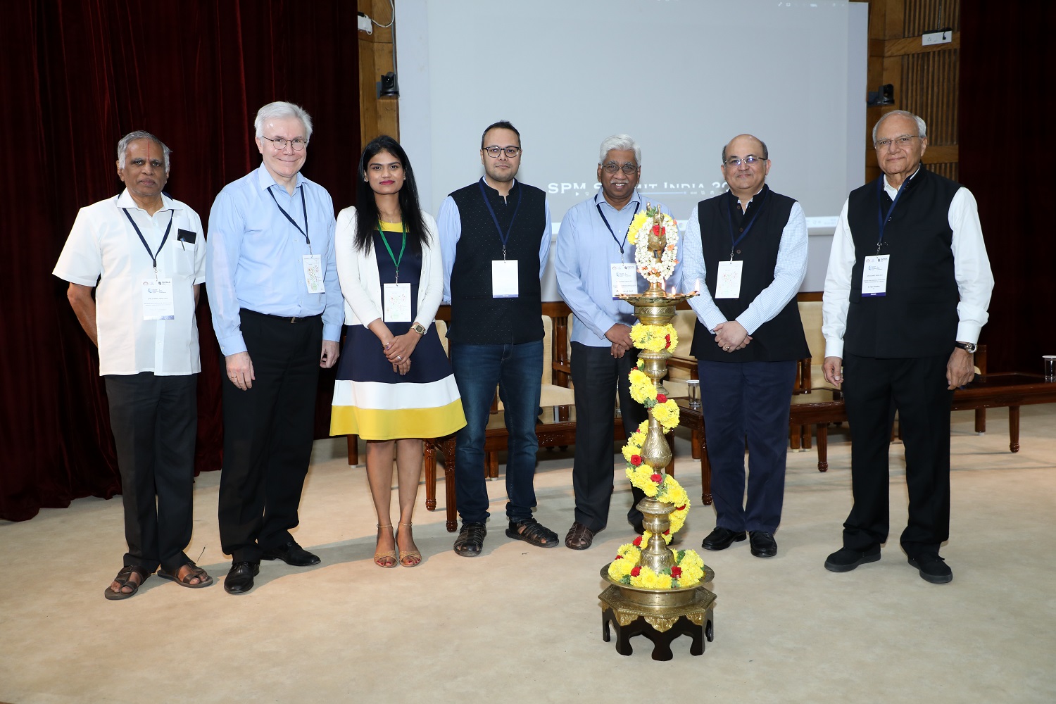 (L-R) Prof. S. Sadagopan, Chairman ISPMA India Chapter, Conference Chair – SPM Summit India 2023, Hans-Bernd Kittlaus, Chairman ISPMA e.V, Prof. Spurthy Dharanikota, Program Chair (Academic Track), IIMB, Prof. Shankhadeep Banerjee, Chairperson, Centre for Software & Information Technology Management, IIMB, Prof. Rajendra Bandi, Dean, Administration, IIMB, Prof. Rishikesha T Krishnan, Director, IIMB, and Dr. Ajai Chowdhry, Founder HCL inaugurate the SPM Summit India on 3rd March 2023 at IIMB.