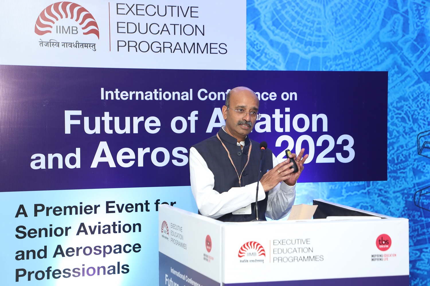 D Anand Bhaskar, MD and CEO, Air Works, speaks on 'MRO – The Opportunities and Challenges', during the International Conference on Future of Aviation and Aerospace (FOAA), hosted by the Office of Executive Education Programmes at IIMB, in partnership with Toulouse Business School (TBS), France, on 8th April 2023.