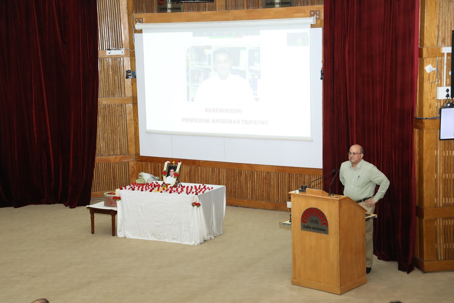 Prof. Rishikesha T Krishnan, Director, IIMB, speaks during the memorial service for Prof. Anshuman Tripathy, on 3rd July, 2023.