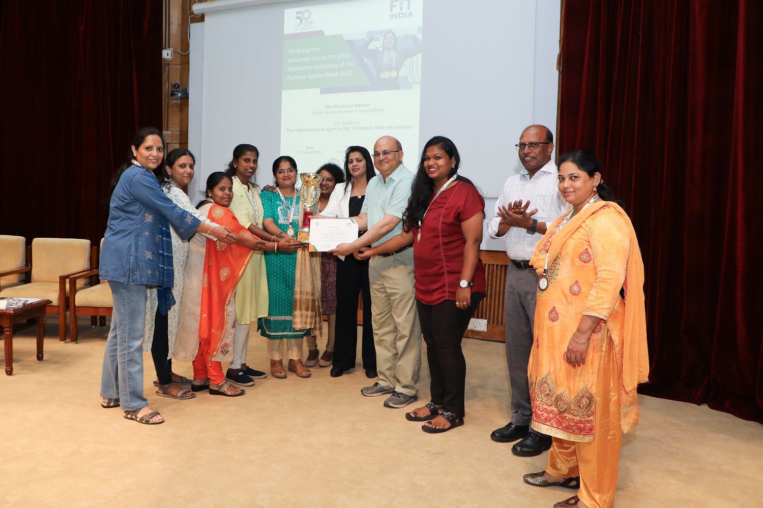 Weightlifting champion Khudsiya Nazeer delivered a talk on, ‘The Significance of Sport in Life: Glimpses from My Journey’, during the prize distribution ceremony marking the finale of the National Sports Week 2023, held by IIM Bangalore on 31st August 2023.