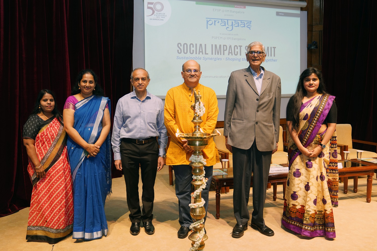Prof. Ashok Thampy, Chairperson, Executive Post Graduate Programme in Management, Prof. Rishikesha T Krishnan, Director, IIM Bangalore, D R Mehta, former Chairman, SEBI, and Founder and Chief Patron of Bhagwan Mahaveer Viklang Sahayata Samiti, inaugurate the social impact summit, ‘Sustainable Synergies – Shaping the Future Together’, on 18th February 2024, as part of Prayaas Day 2024, at IIMB. Prayaas is the social responsibility initiative of EPGP, which is aligned to IIMB’s ethos of building socially responsible leaders.