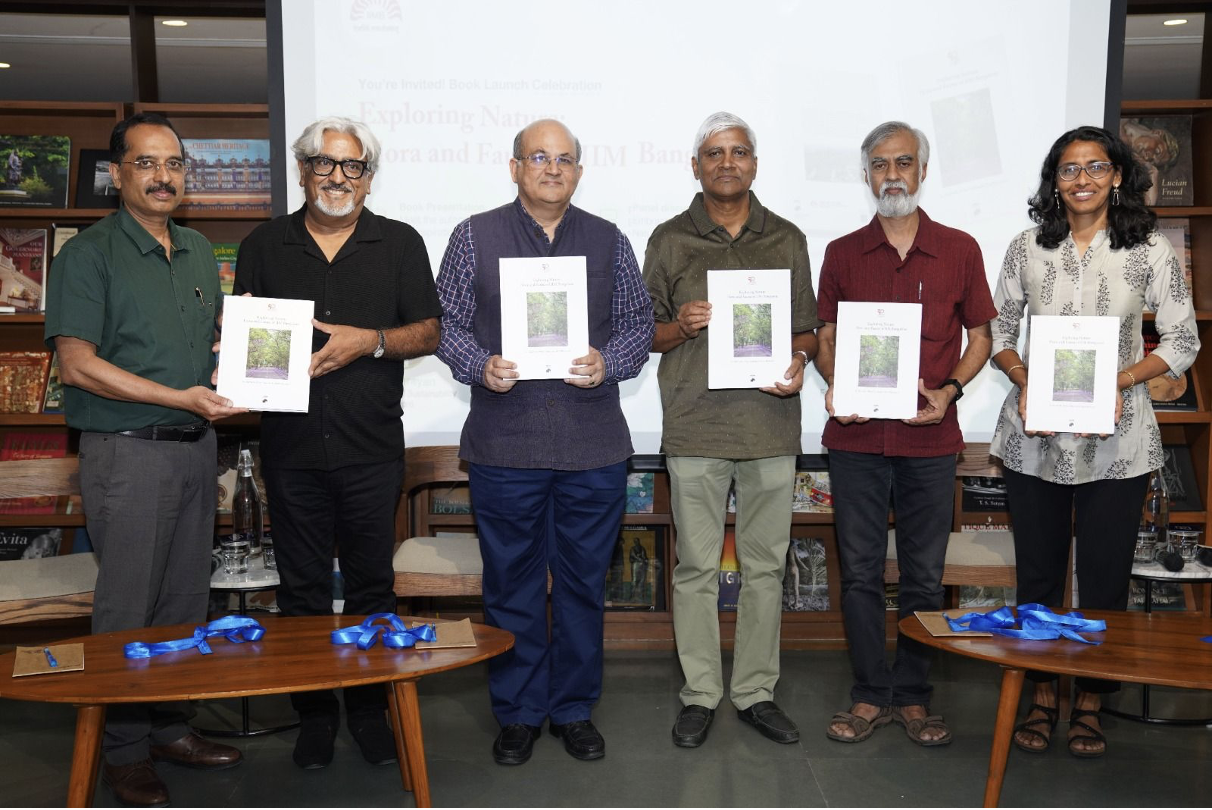 (L-R) Prof. Shainesh G, IIMB; Harish Mittal, President, IIMBAA; Prof. Rishikesha T Krishnan, Director, IIMB; Prof. K Kumar, former faculty, IIMB; Karthikeyan S, and Priya Venkatesh, at the launch of the book, ‘Exploring Nature: Flora and Fauna of IIMB’, on 14th September 2024. The book is authored by Prof. Shainesh, Karthikeyan S and Priya Venkatesh.