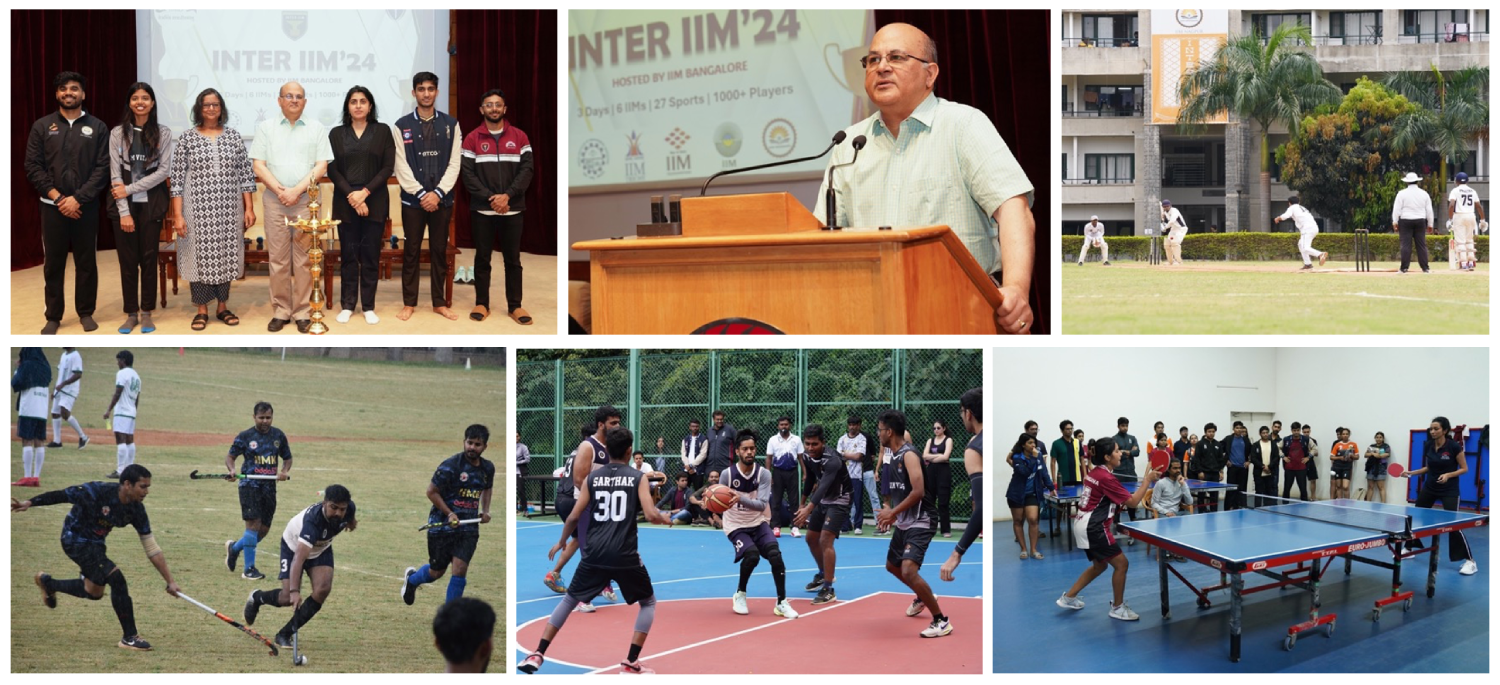 Students of IIM Bangalore hosted a three-day Inter IIM Sports Fest, starting 15th November 2024. Teams from IIM Trichy, IIM Kozhikode, IIM Visakhapatnam, IIM Shillong, IIM Nagpur, and IIM Bangalore participated in this sports extravaganza. They were welcomed to the IIMB campus by the IIMB Director Professor Rishikesha T Krishnan, the PGP Chairperson Prof. Manaswini Bhalla, and the Chairperson of Student Welfare Prof. Rajluxmi V Murthy.