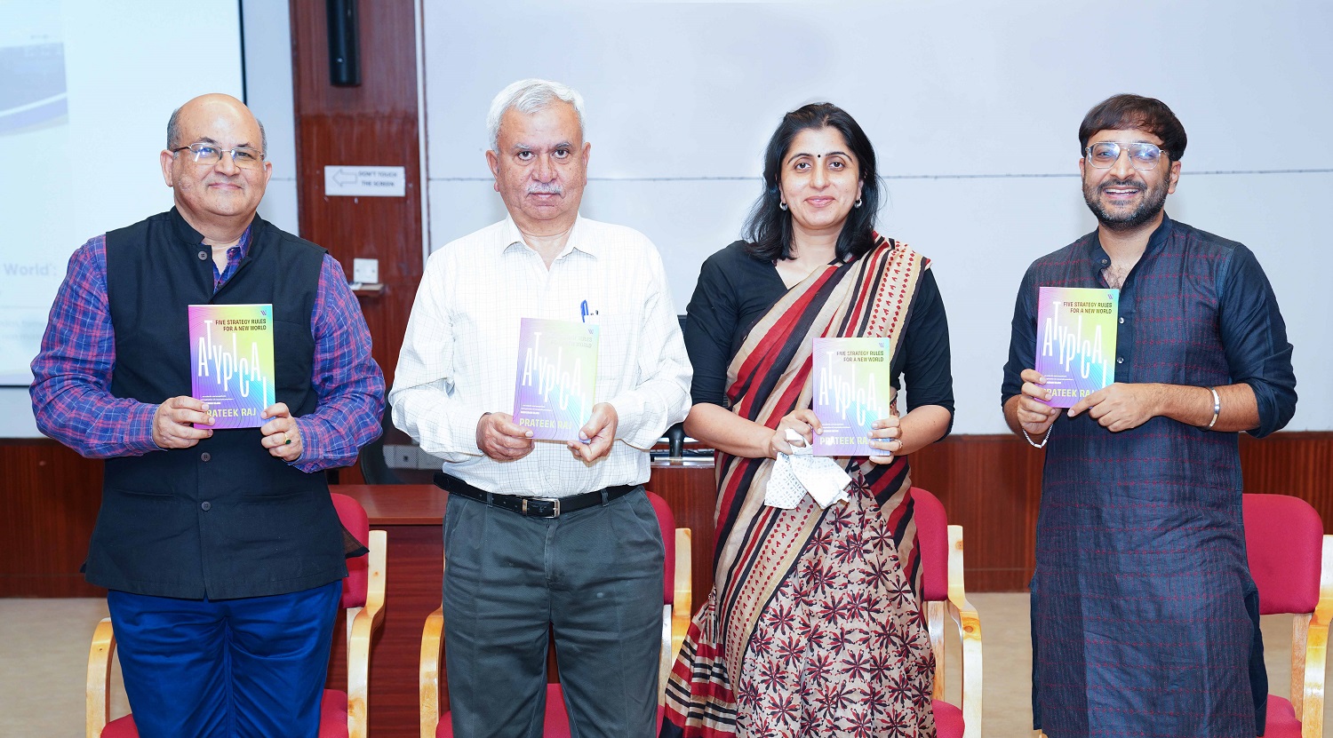 (L-R) Prof. Rishikesha T. Krishnan, Director of IIMB, Dr. Trilochan Sastry, Professor of Decision Sciences, and Prof. Manaswini Bhalla, Chairperson, PGP & PGP-BA at IIMB, launched ‘Atypical: Five Strategy Rules for a New World’ by Prof. Prateek Raj, on 28th February 2025. Prof. Prateek Raj’s book is based on the courses he offered at IIMB.