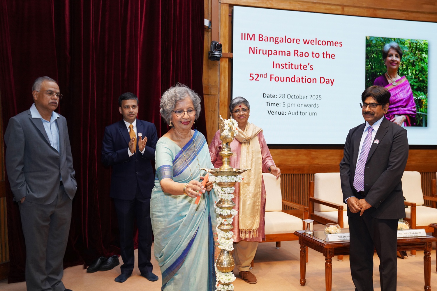 L-R: Prof. M Jayadev, Dean, Administration, Chairperson, Centre for Capital Markets & Risk Management, and faculty of the Finance & Accounting area; Prof. Sourav Mukherji, Dean, Faculty and Alumni Relations & Development, and faculty of the Organizational Behavior & Human Resources Management area; Nirupama Rao, former Foreign Secretary of India; Prof. Malavika R. Harita, Founder & CEO, Brand Circle, and Member, IIMB Board of Governors, and Prof. U Dinesh Kumar, Director In-charge, IIM Bangalore, during the inauguration of IIM Bangalore’s 52nd Foundation Day celebrations,on 28th October 2025.