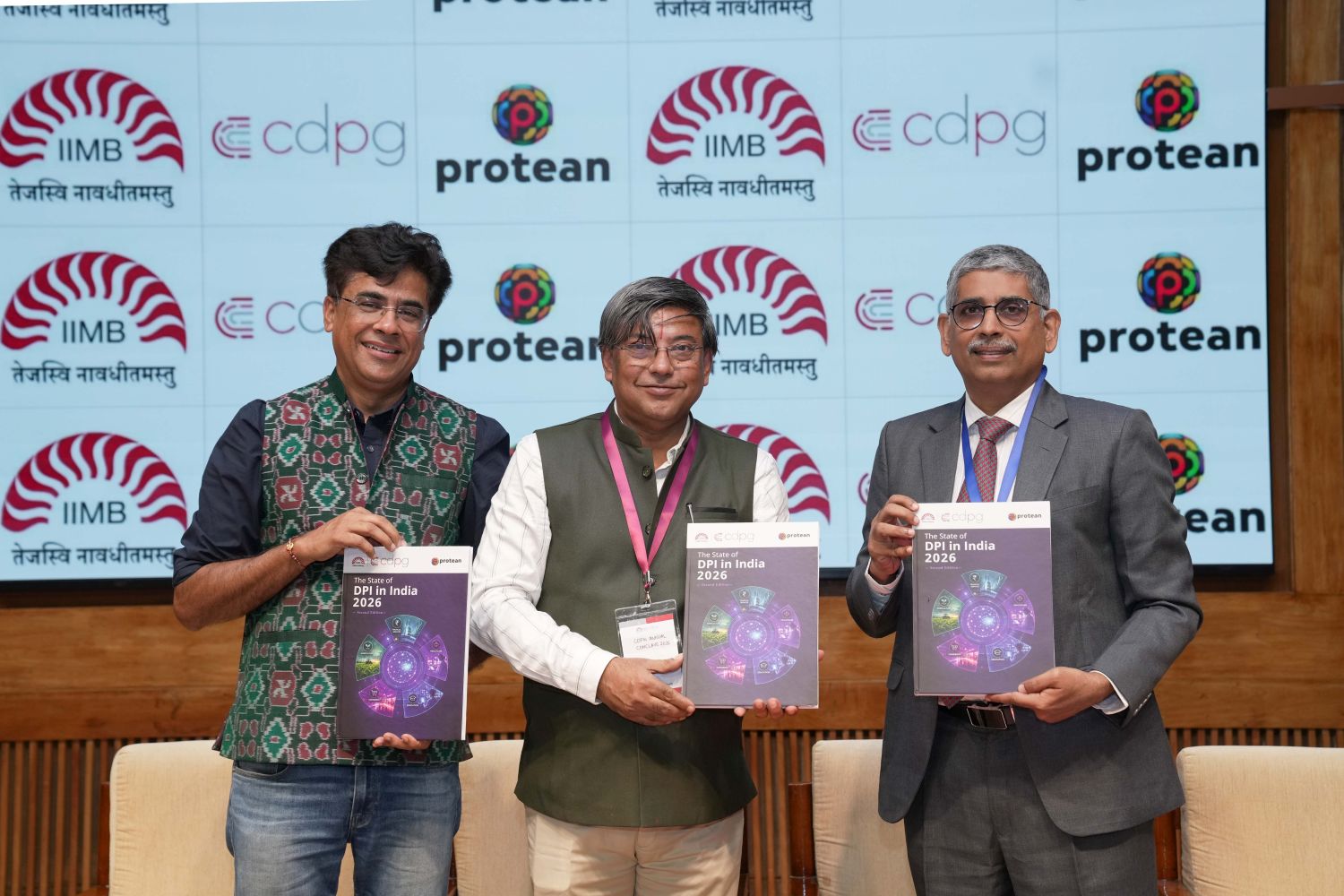 (L-R): Viraj Tyagi, CEO, eGov Foundation, Prof. R Srinivasan, Chairperson, CDPG and faculty of the Strategy area and V Easwaran, ED & COO, Protean eGov Technologies Ltd, released the second edition of the ‘State of DPI in India 2026’ report at IIM Bangalore on 30th September 2026. The Centre for Digital Public Goods released the report at the Annual Policy Conclave, organized by CDPG in partnership with eGov Foundation, at IIM Bangalore.