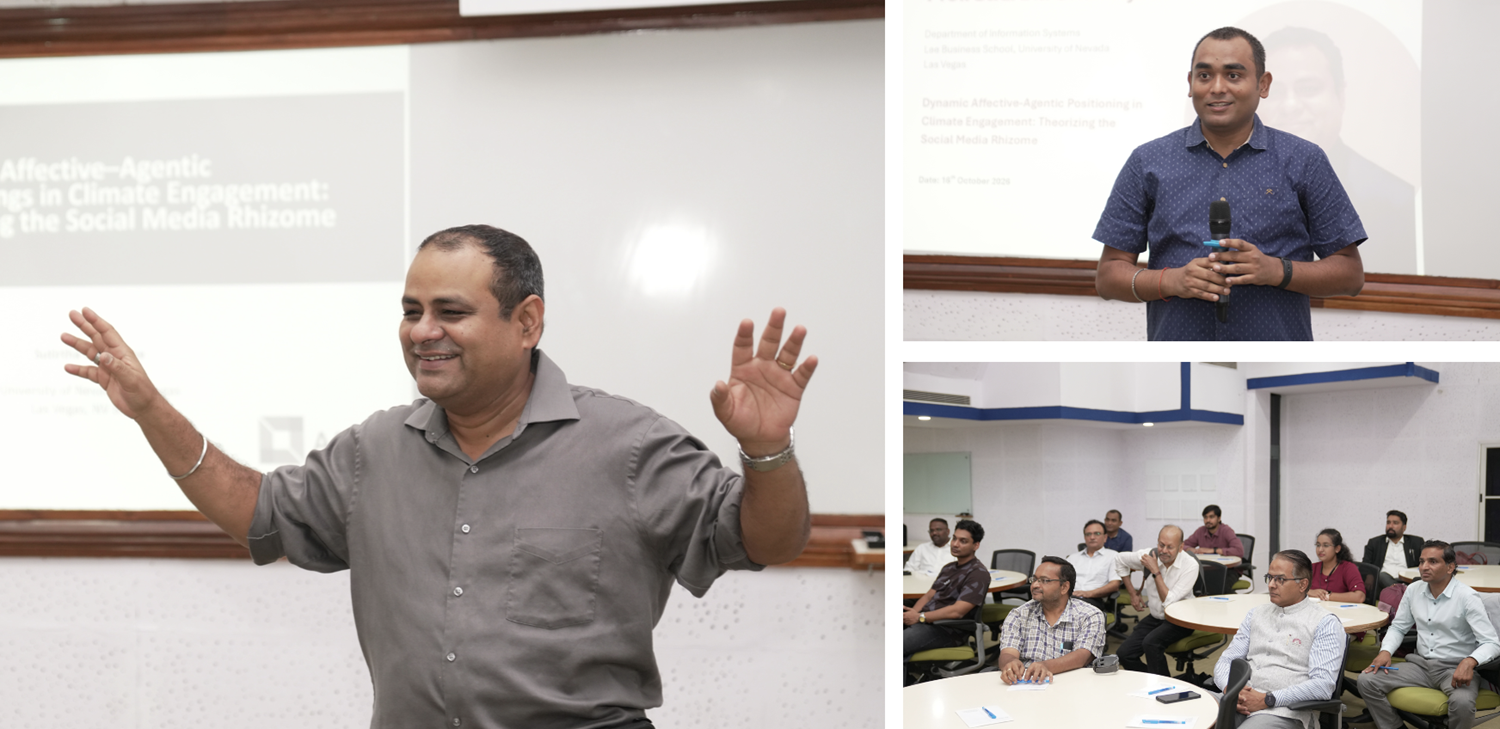Prof. Sutirtha Chatterjee, Lee Business School, University of Nevada, spoke on, ‘Dynamic Affective-Agentic Positioning in Climate Engagement: Theorizing the Social Media Rhizome,’ at a seminar organized by the Centre for Software and Information Technology Management, on 16th October 2026.